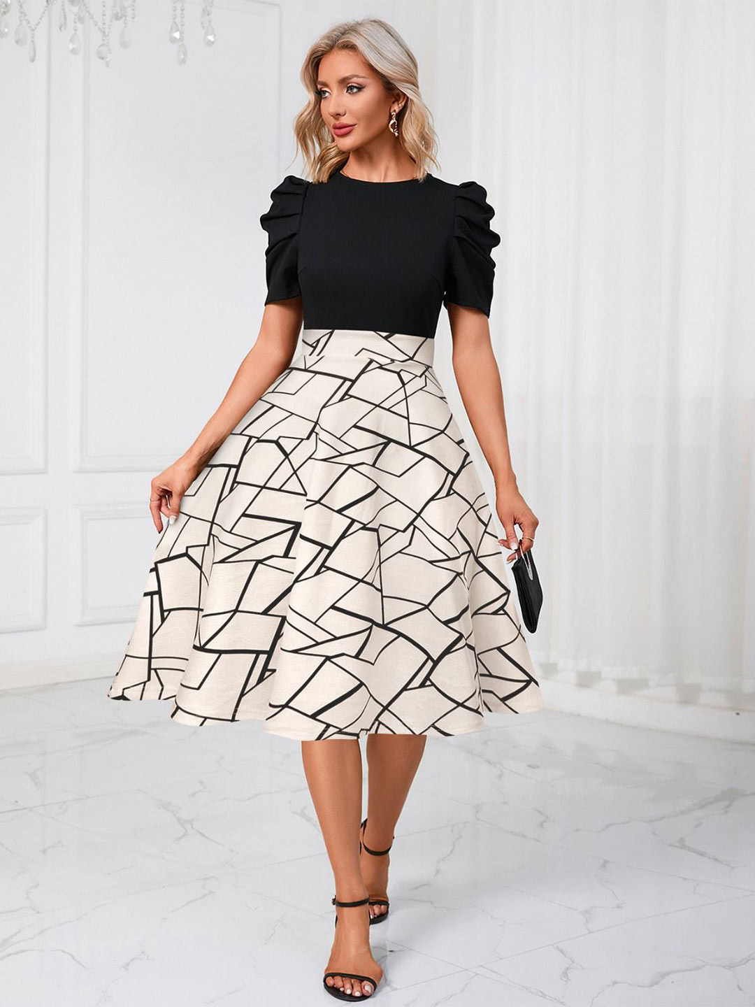 DHUNKI Print Puff Sleeve PU Coated A-Line Dress
