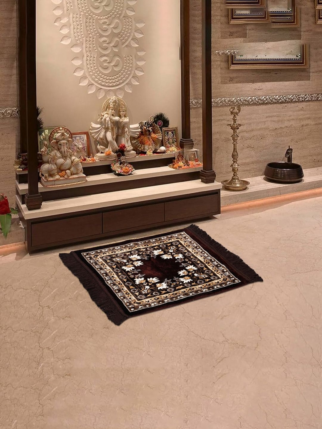Aura Brown Floral Printed Velvet Comfortable Pooja Floor Mat
