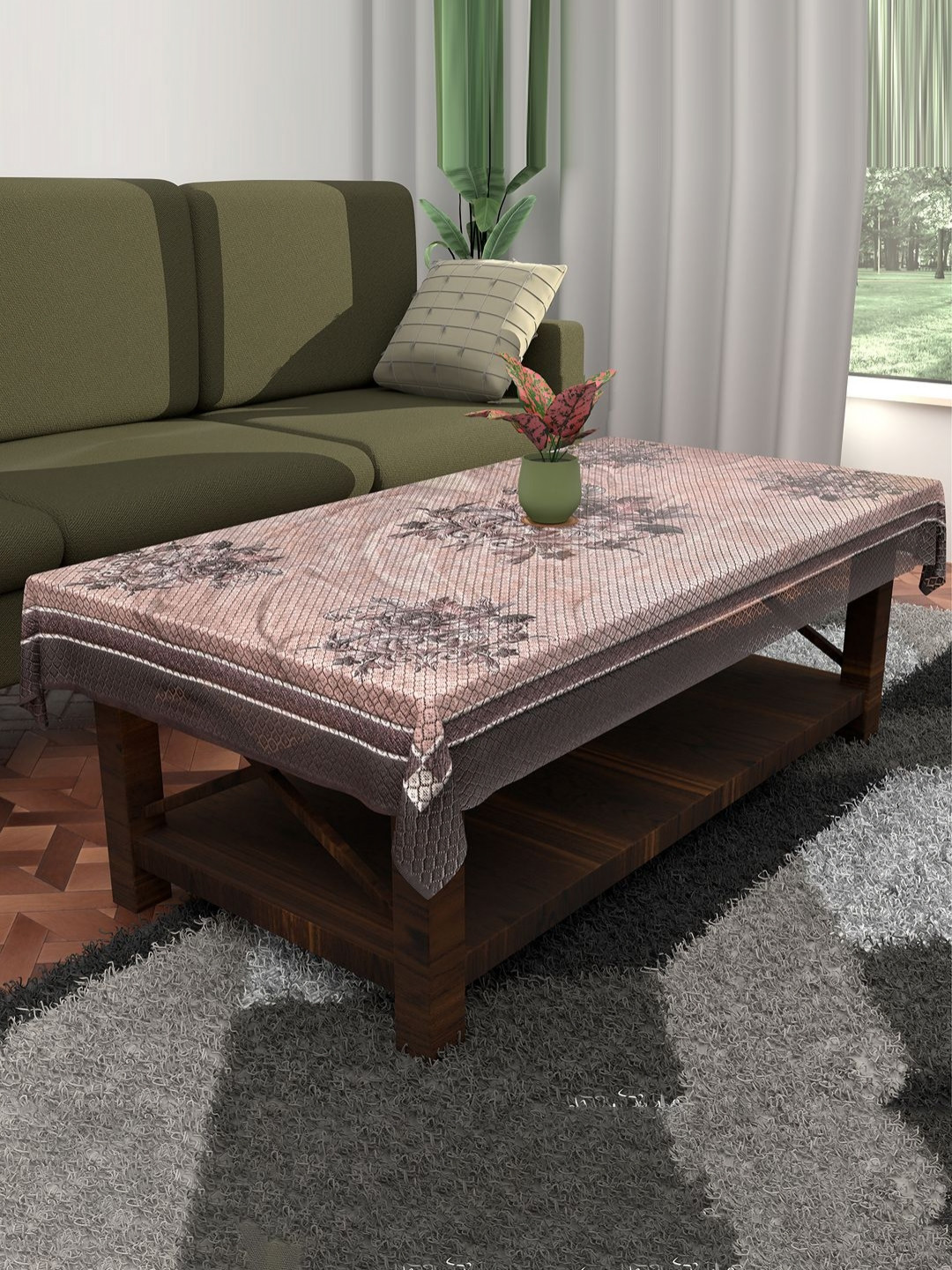 Aura Pink Floral Cotton 4-Seater Center Table Cover With Embroidered Details