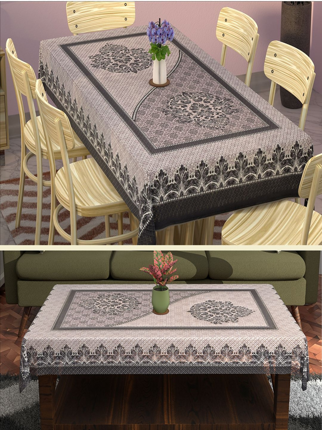 Aura Black Set of 2 Floral Cotton 6-Seater Table Cover with Embroidered details
