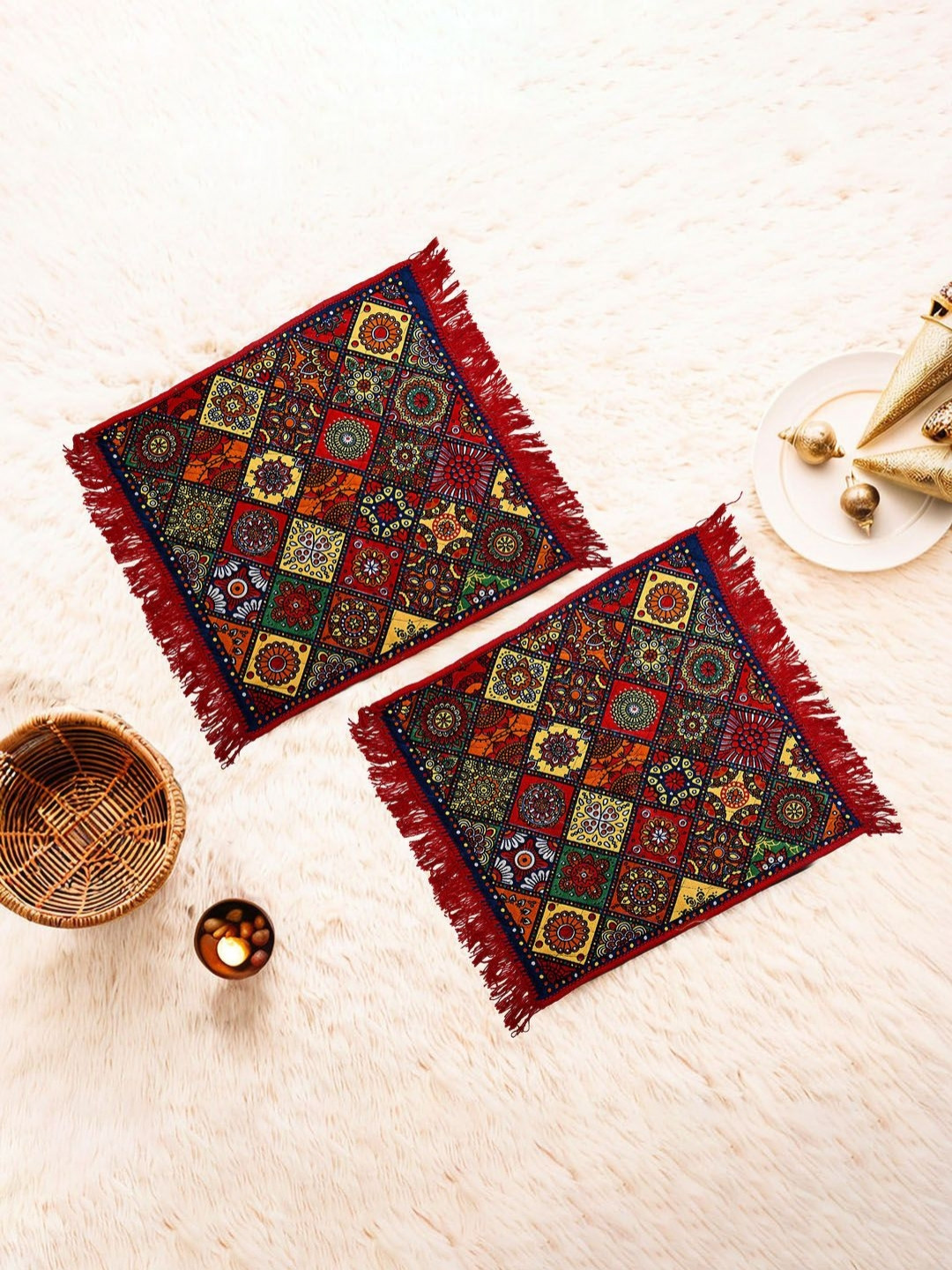Aura 2-Pcs Red Traditional Rangoli Printed Velvet Finish pooja sitting floor Mat