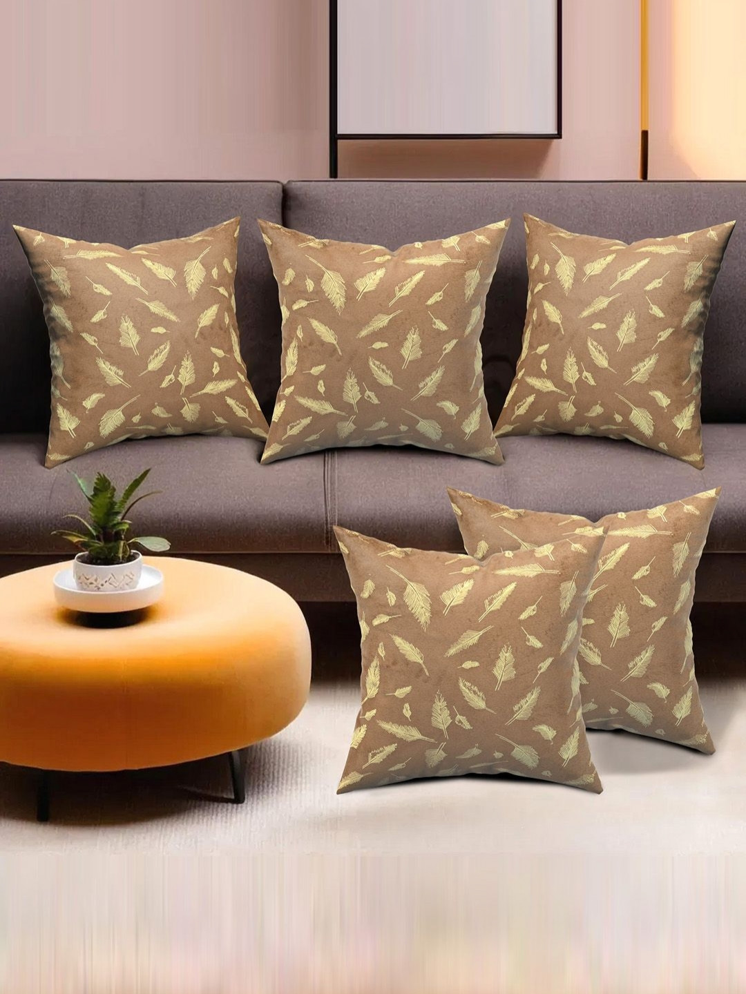 Aura Gold Leaf Velvet Durable 5 Piece Square Cushion Covers -17x17In