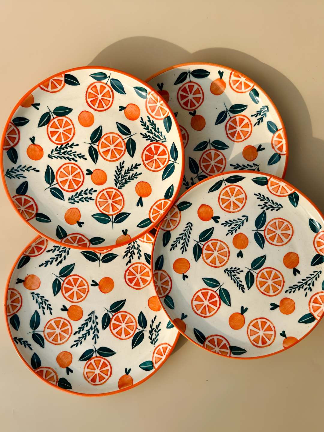 NURTURE INDIA Orange & White 4 Pieces Ceramic Hand-Painted Plates