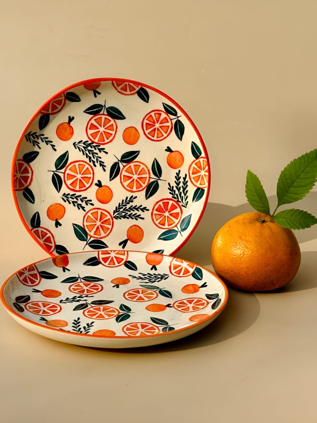 NURTURE INDIA Orange & White 2 Pieces Ceramic Hand-Painted Plates