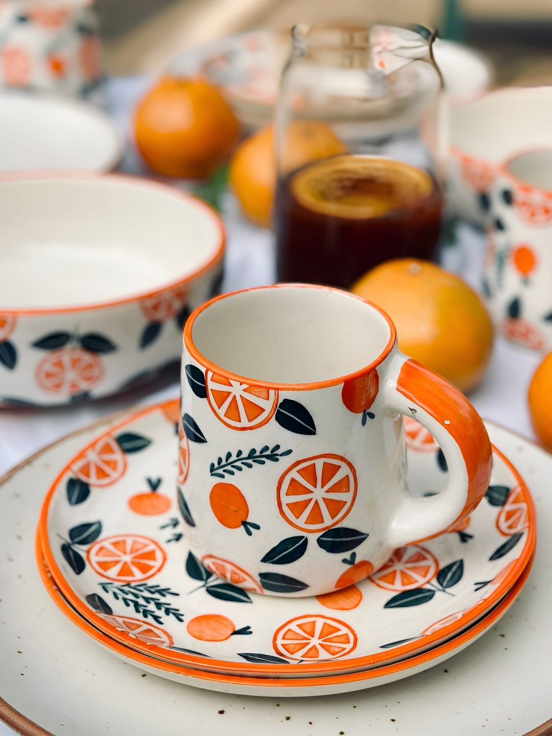 NURTURE INDIA Orange & White 2 Pieces Ceramic Hand-Painted Plate & Mug