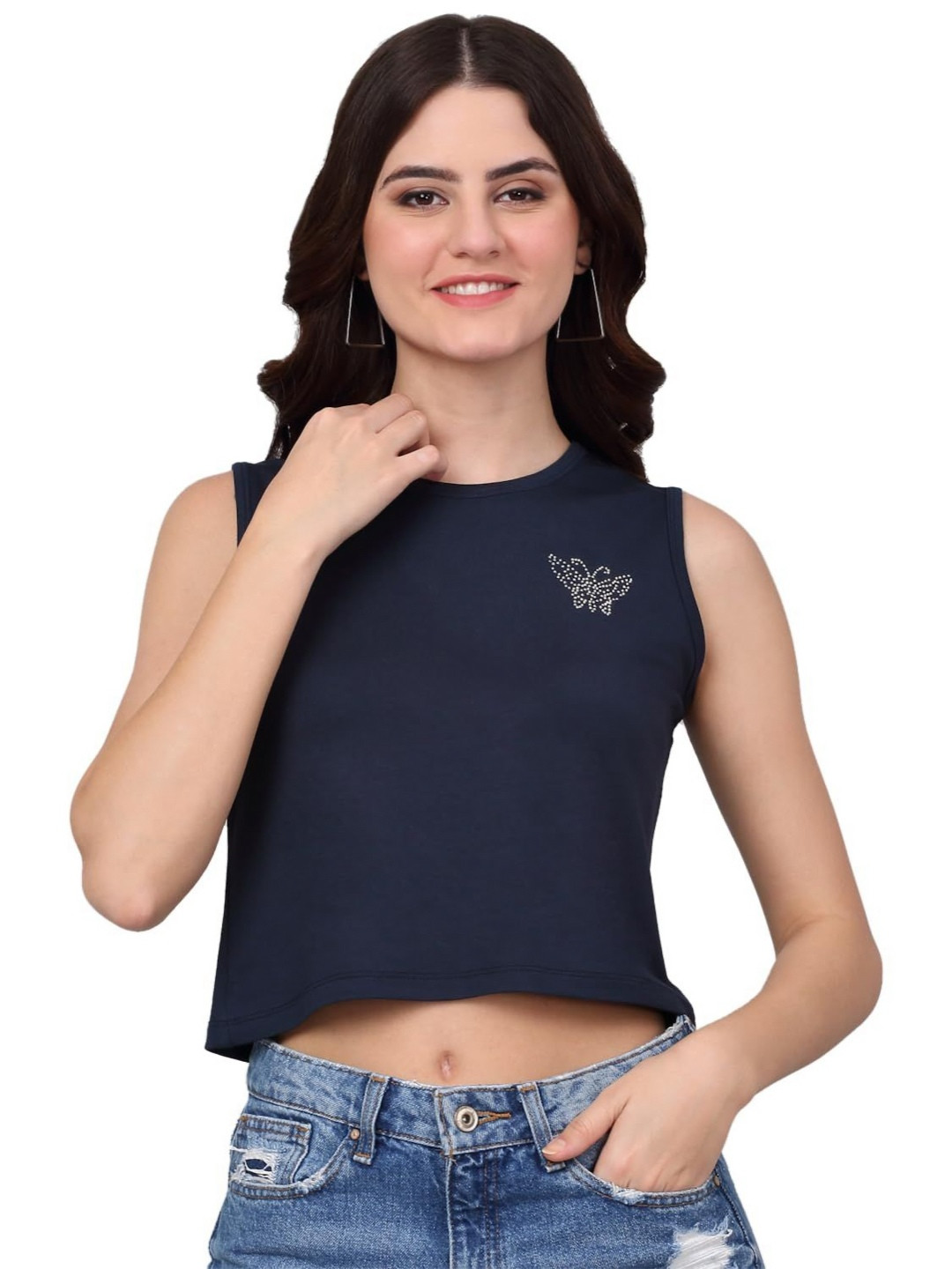 SZN Navy Blue Embellished Butterfly Crop Top