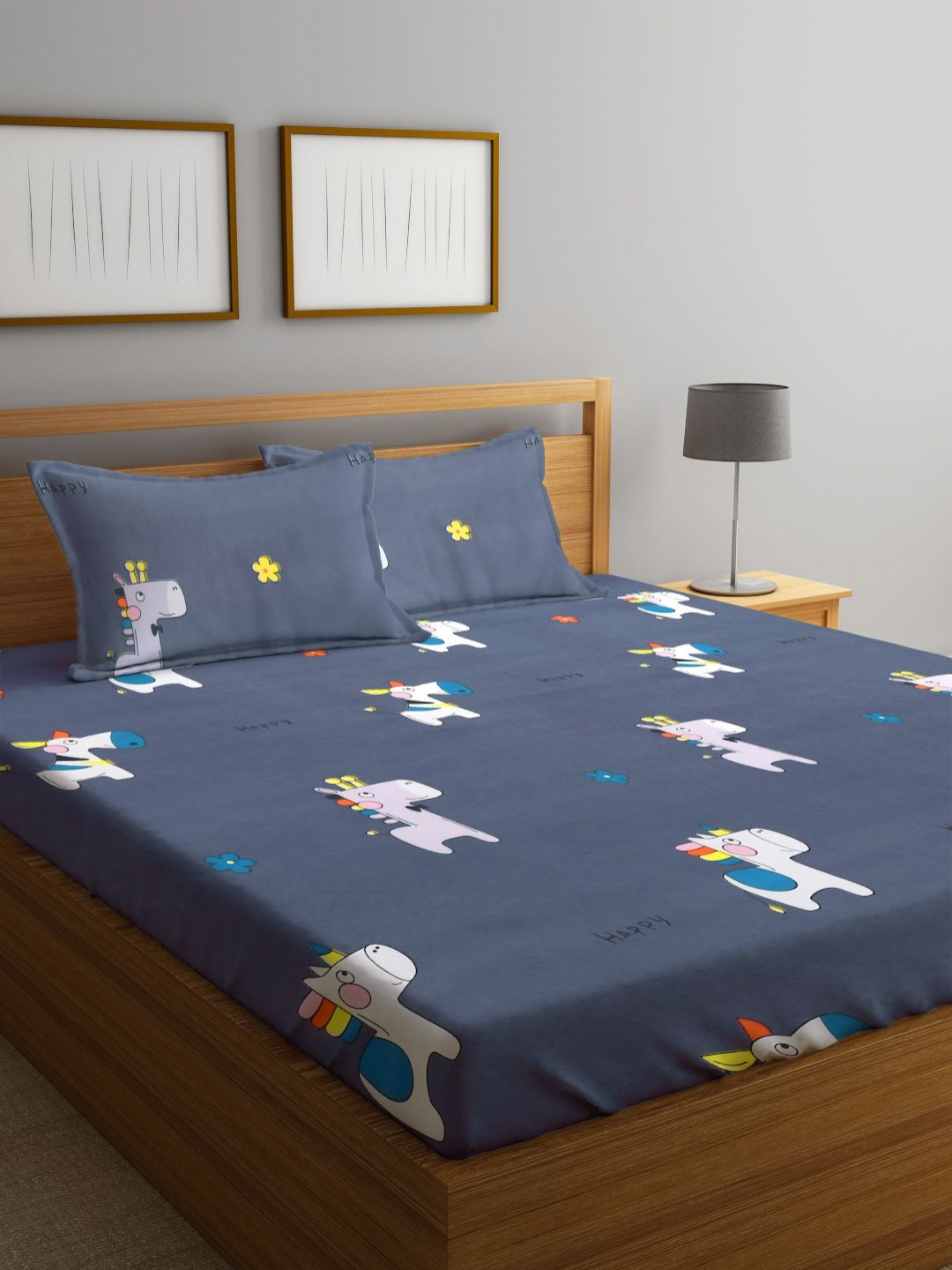 Myntra Elegant Homes Blue Animal Cotton 300 TC Fitted King Bedsheet with 2 Pillow Covers-98 x 87 inches