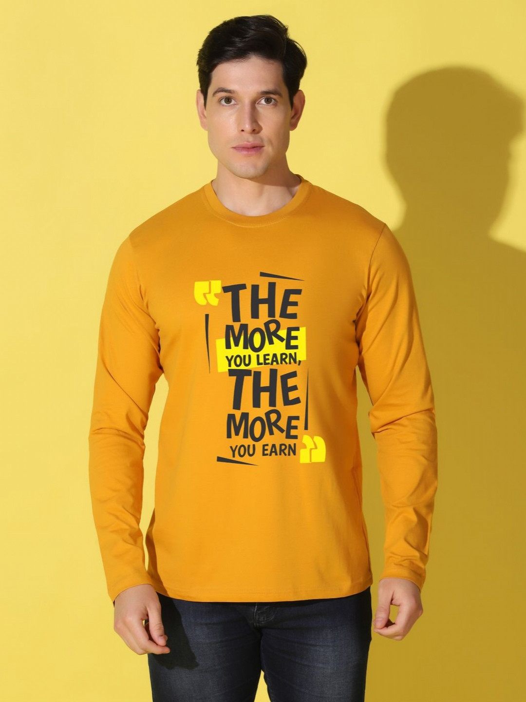Mustard Yellow Typography Printed Regular Fit T-shirt