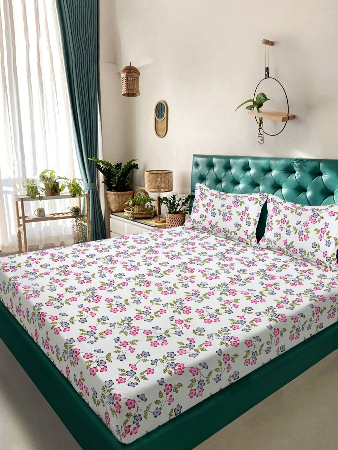 KLOTTHE Cream-Coloured Printed 300 TC King Bedsheet With 2 Pillow Covers - 2.50  x 2.25 m