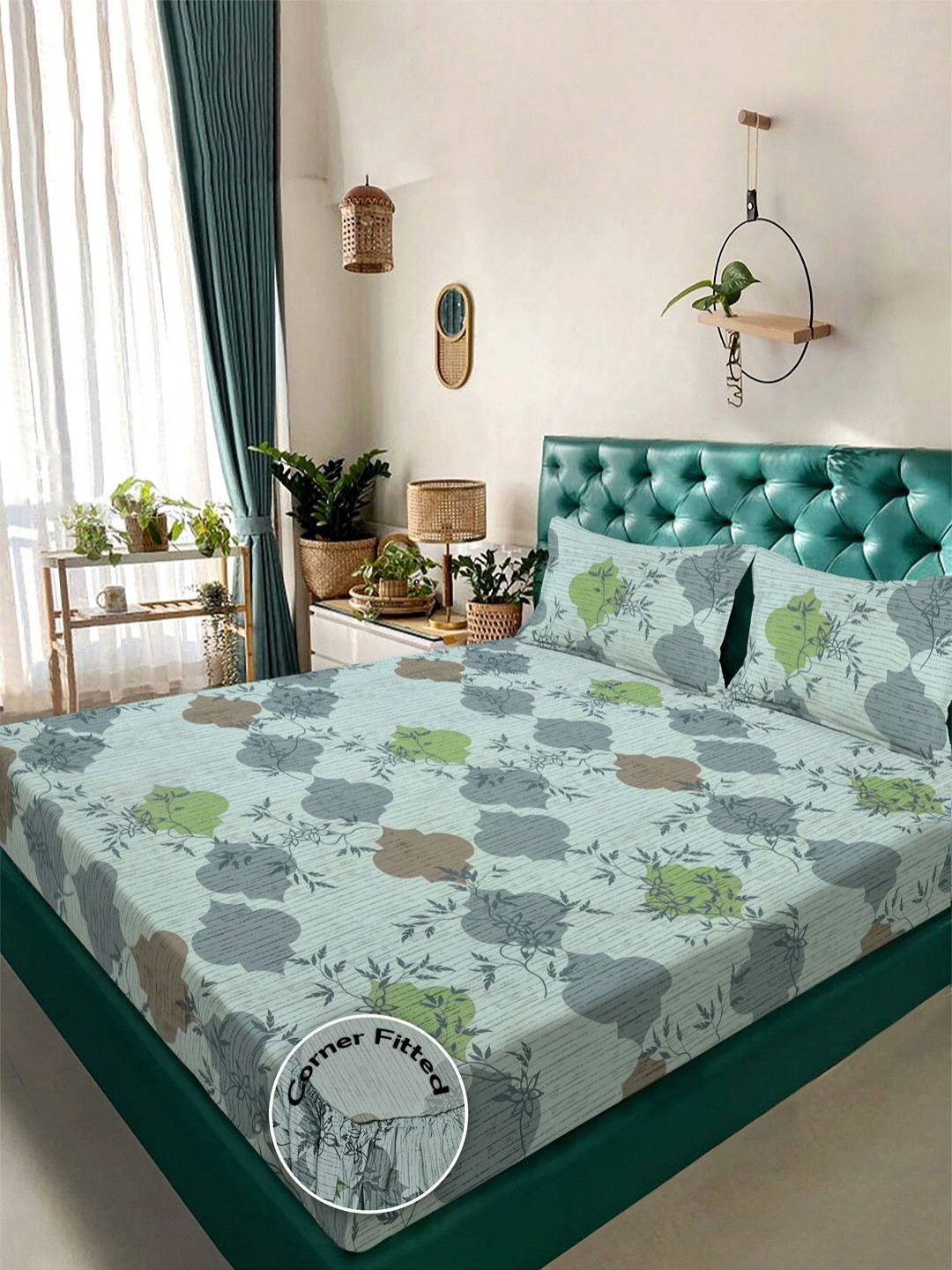 KLOTTHE Valancia Collection Green Floral Cotton 300 TC Fitted King Fine Bedsheet with 2 Pillow Covers-250 x 225 cm