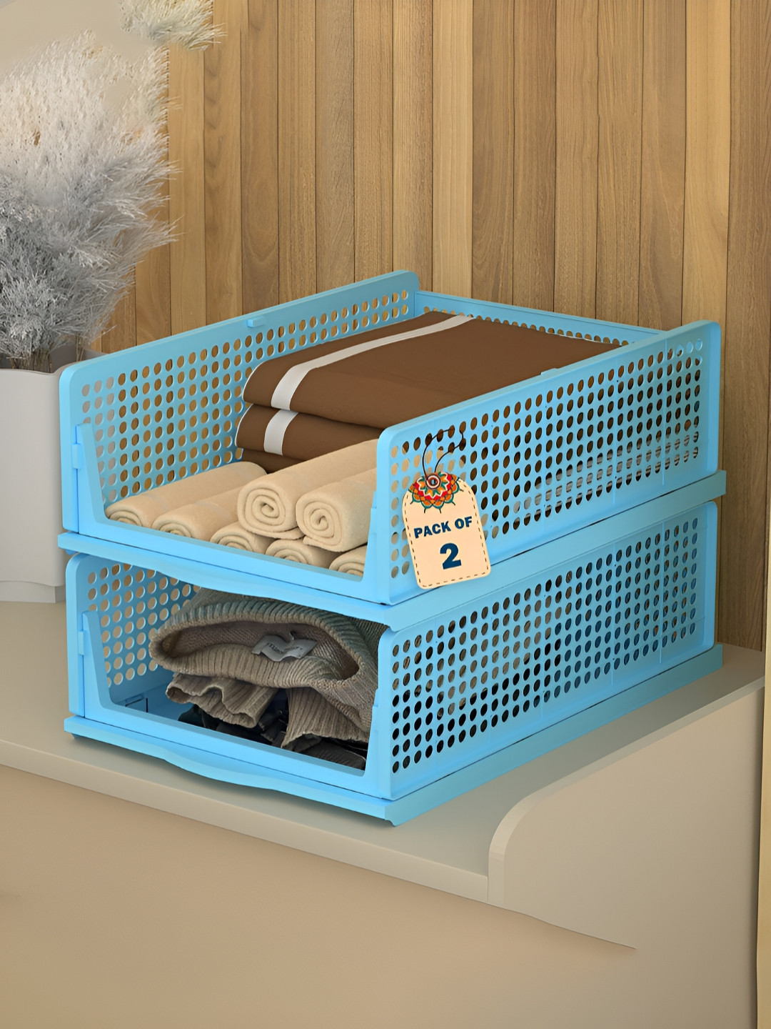 Aura Blue 2 Pcs Foldable Kids Wardrobe Organiser for Clothes Storage Rack