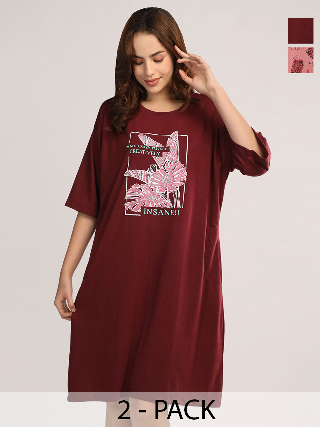 Duchess Women Pack Of 2 Printed Half Sleeve Oversized Nightdress