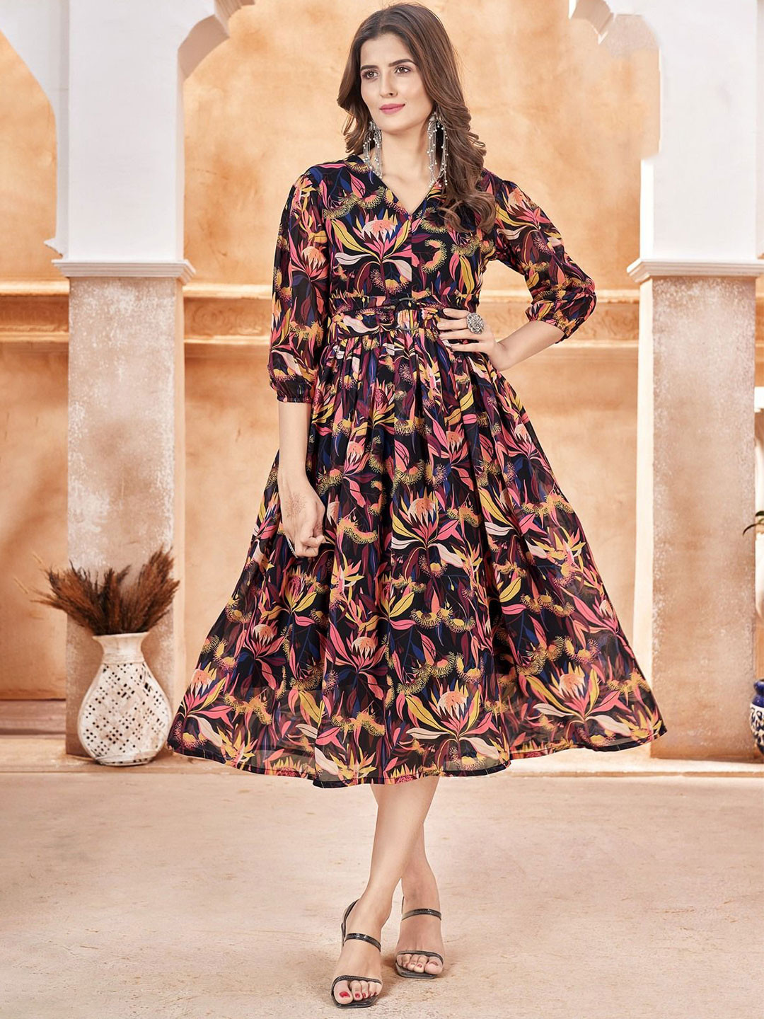 SHILL INTERNATIONAL Floral Print Georgette Fit & Flare Midi Dress