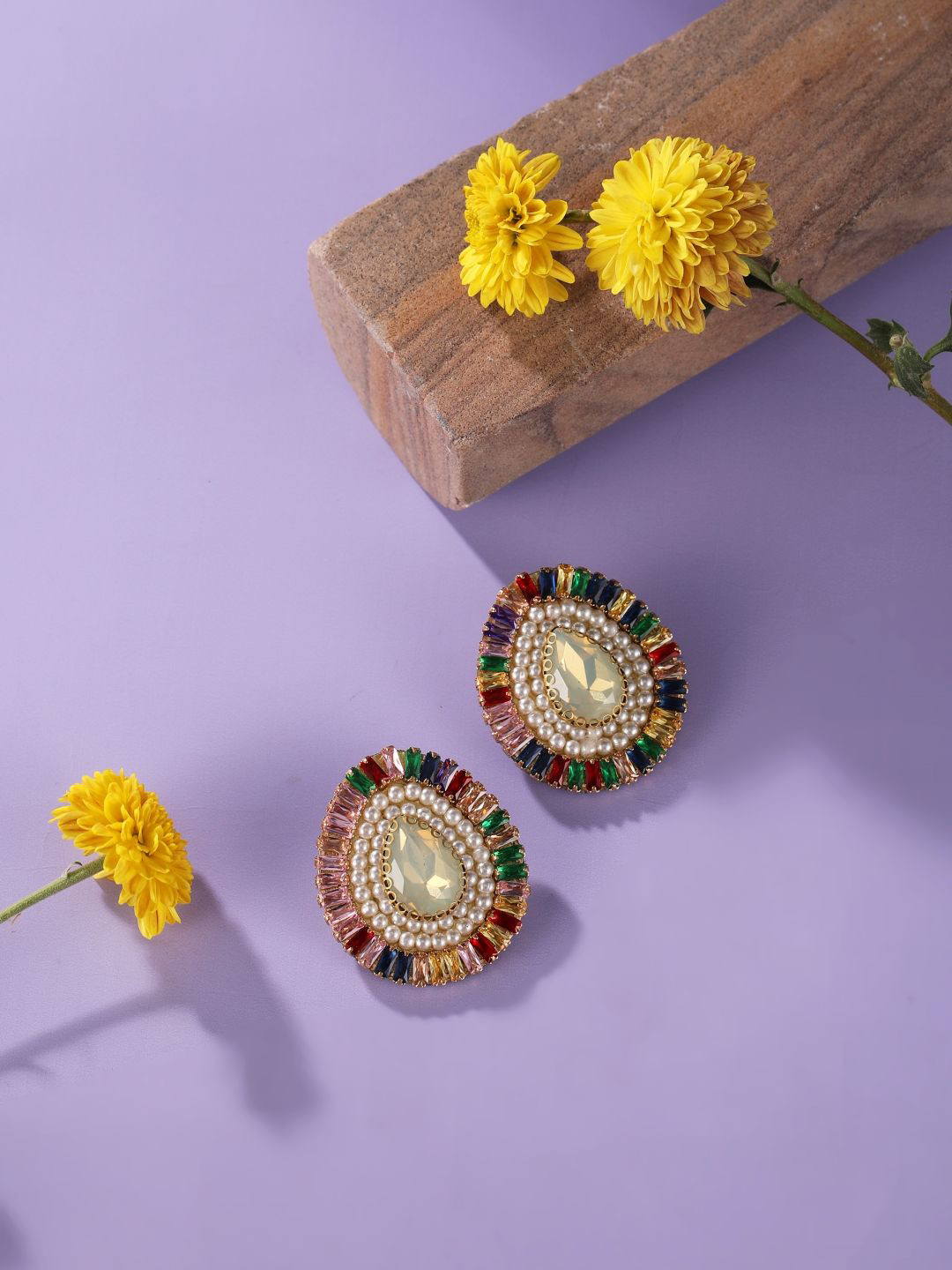 CORSICA Gold-Plated Rhinestones Studded & Pearls Beaded Oval Shaped Studs