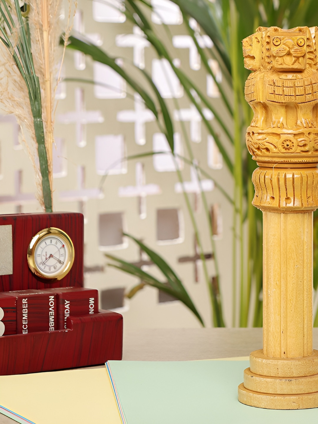 Myntra Elegant Homes Ashoka Pillar Beige Wood Natural Home Office Hand-Crafted Medium Showpiece - 4 Inches