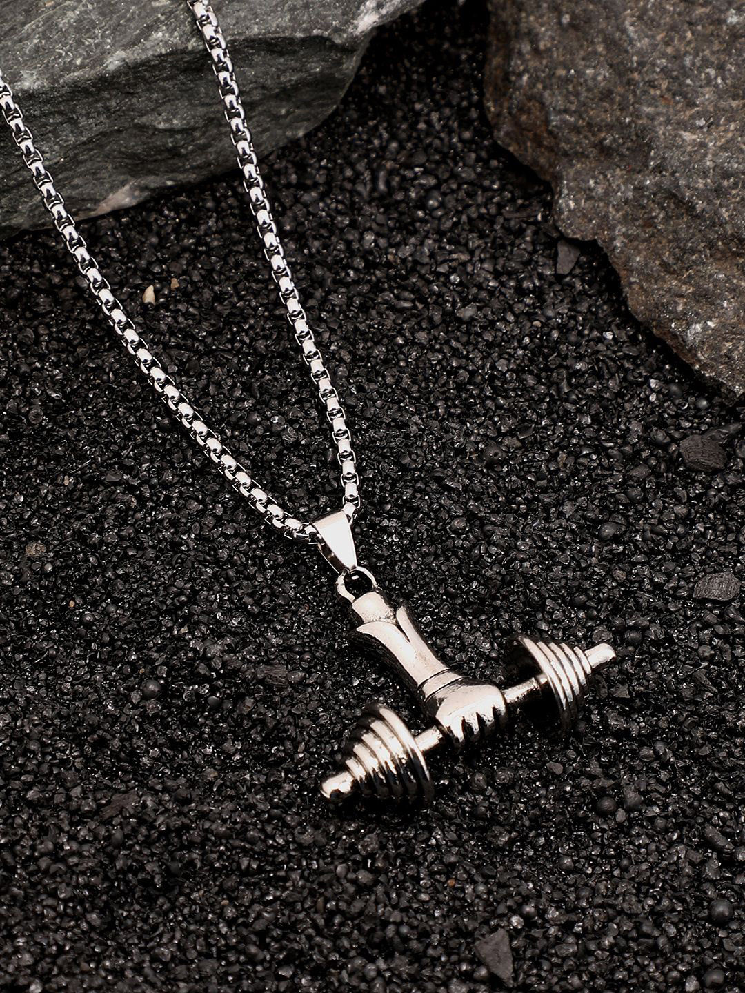 French Accent Men Silver-Plated Dumbell Pendant & Chain