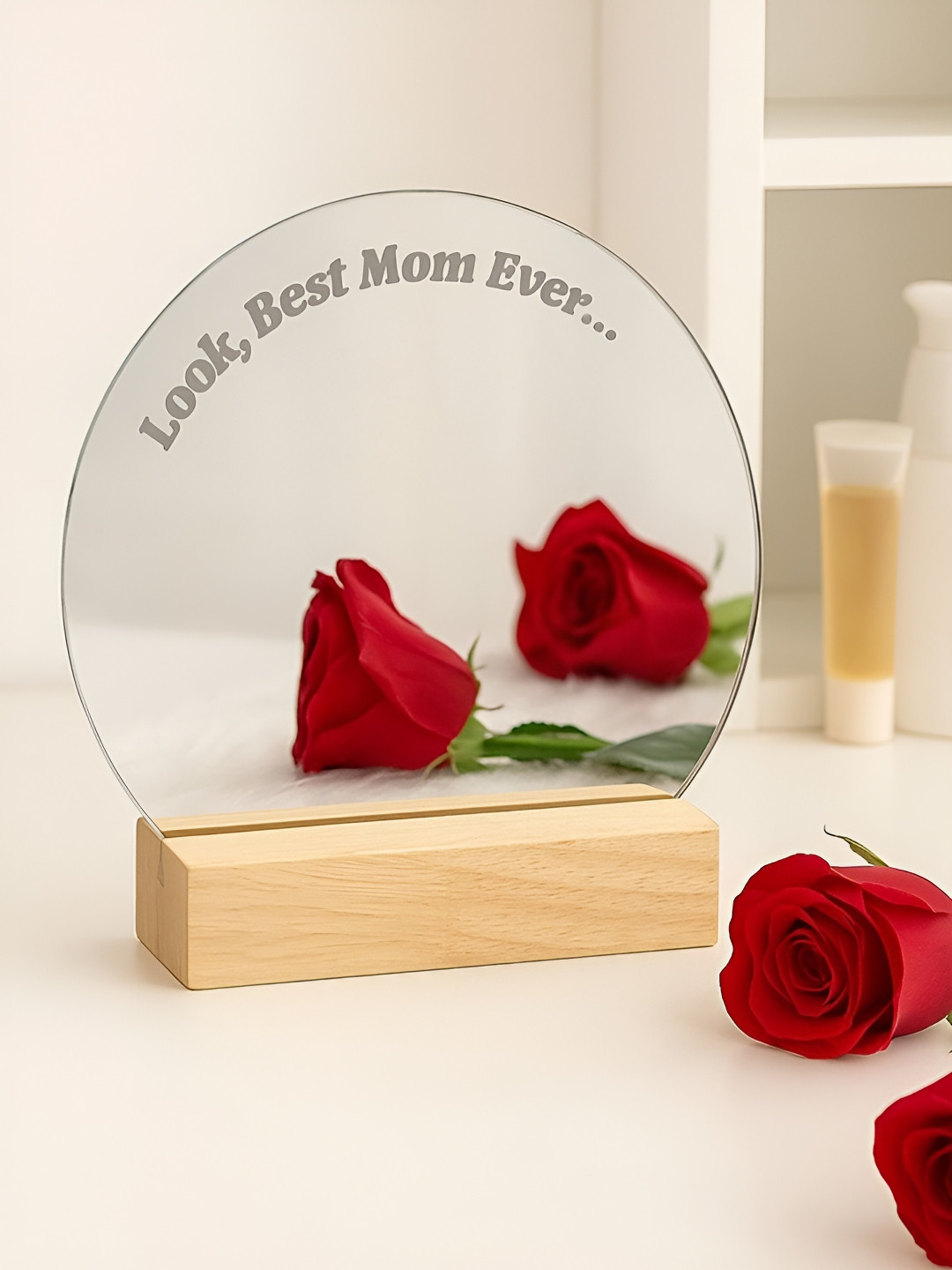 Confetti Gifts Beige & Grey Mirror With Personalized UV Text Mother's Day Gift Sets