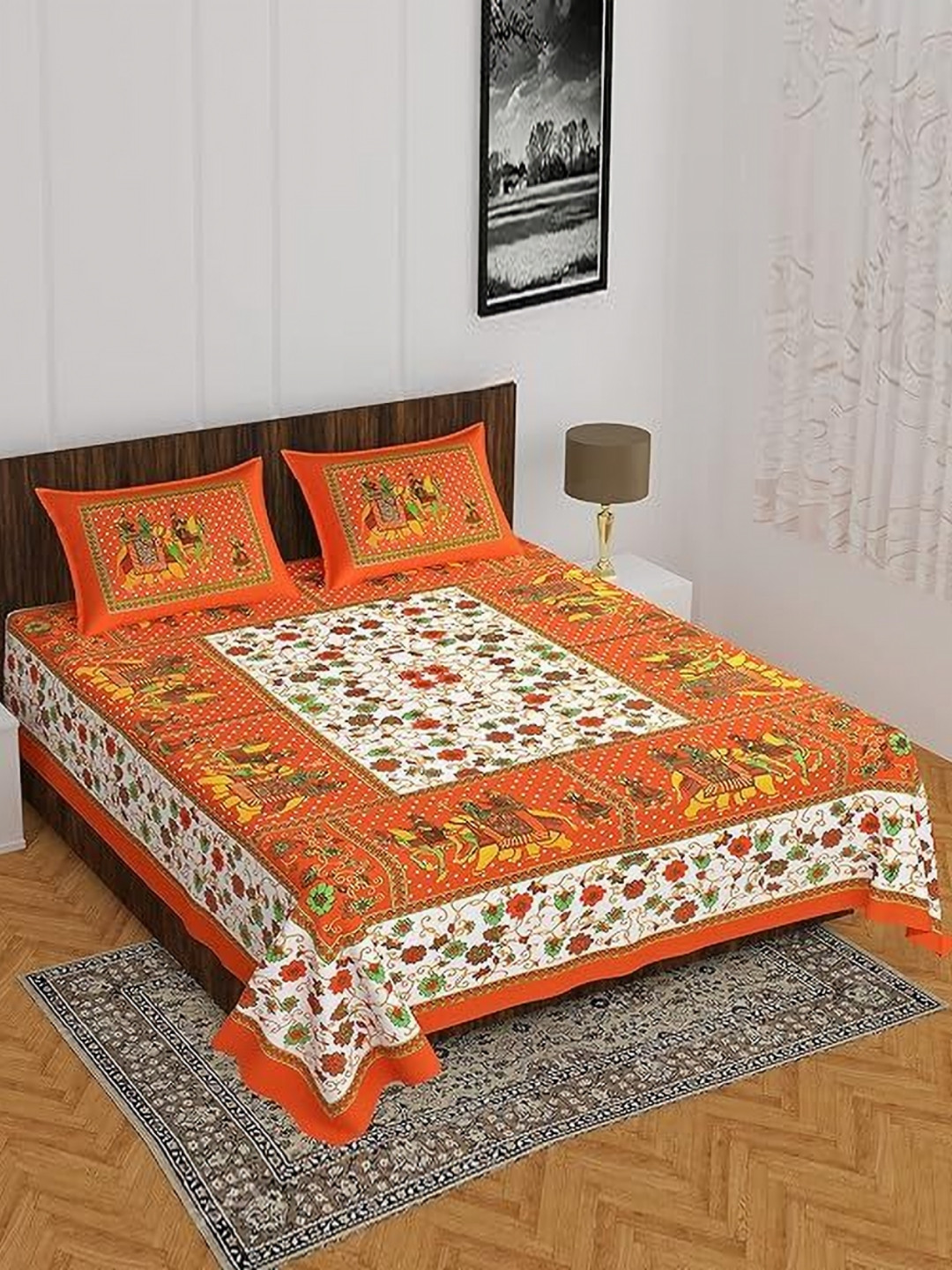 Dhawariya's Rajasthani Jaipuri Traditional Orange Ethnic Motifs Pure Cotton 144 TC Queen Bedsheet with 2 Pillow Covers-90 x 100 inches
