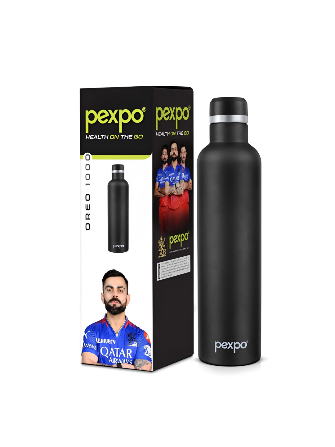 Pexpo Oreo Black Solid Stainless Steel Double Wall Vacuum Flask - 980ml