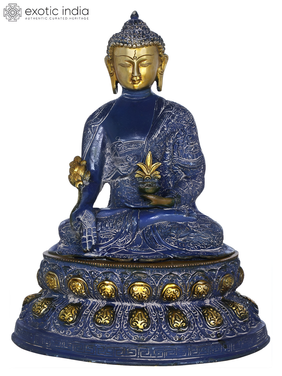 Exotic India Medicine Buddha Seated on Double Lotus Gold Brass Metallic Living Room Hand Made Large Showpiece - 16 Inches