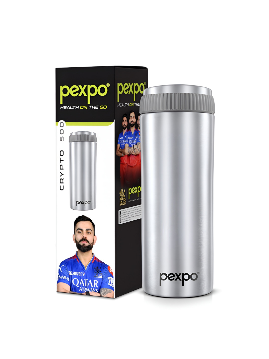 Pexpo Crypto Silver Solid Stainless Steel Double Wall Vacuum Water Bottle - 430ml