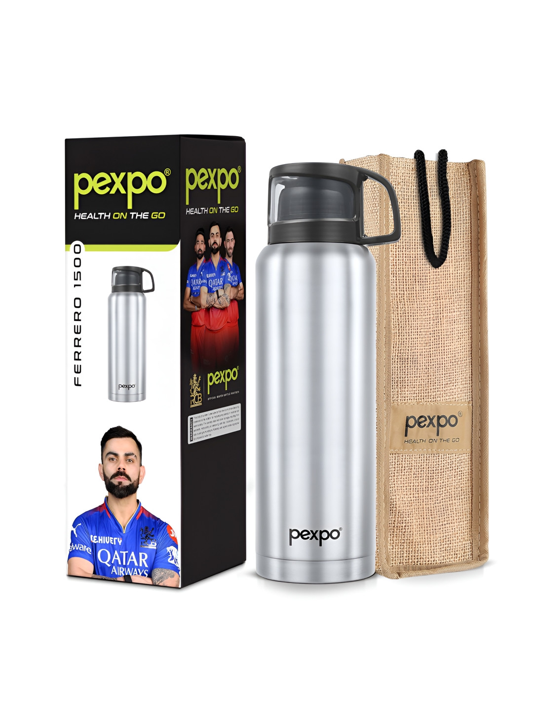 Pexpo Fererro Silver Solid Stainless Steel Spill Proof Flask - 1.5L