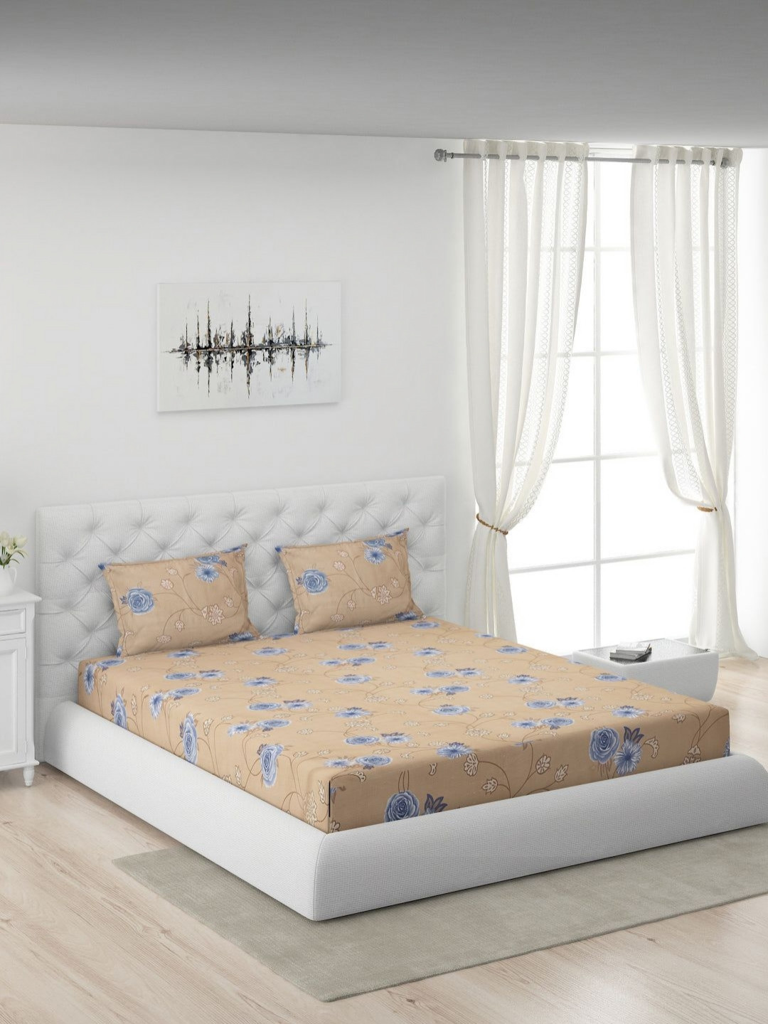 Moca By Monte Carlo Beige Floral Polyester 120 TC Fitted King Bedsheet with 2 Pillow Covers-88 x 100 inches
