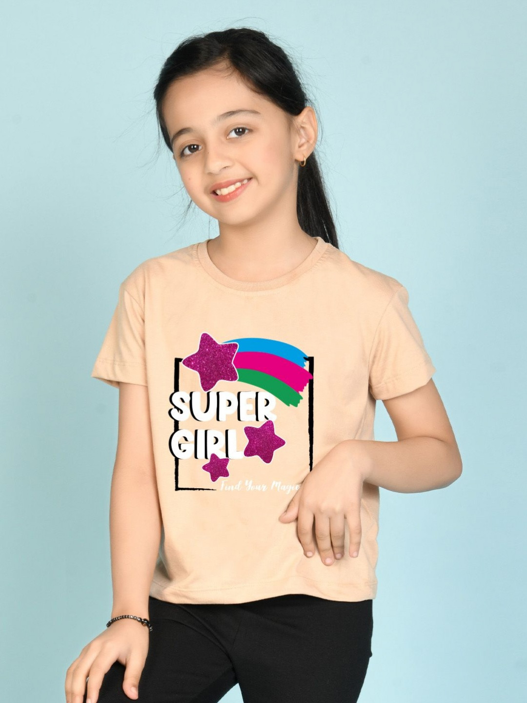 NUSYL Girls Super Girl & Star Printed Regular Fit Cotton T-Shirt
