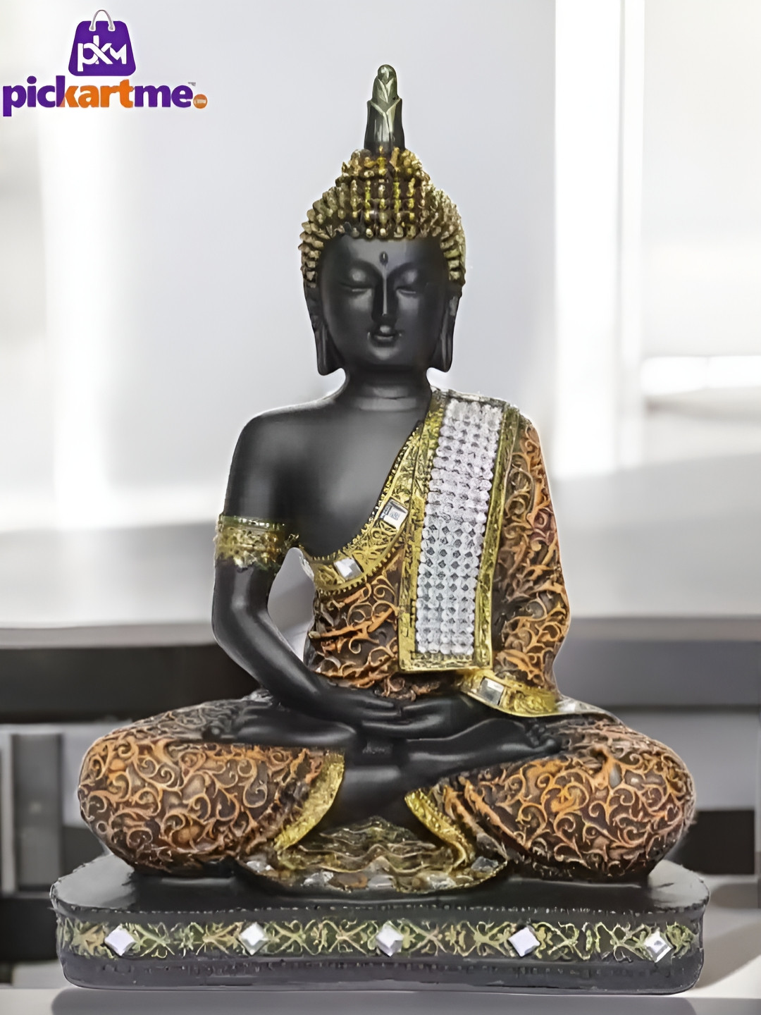 PICKARTME Choti Buddha Black Polyresin Glossy Living Room Medium Showpiece - 8.7 Inches