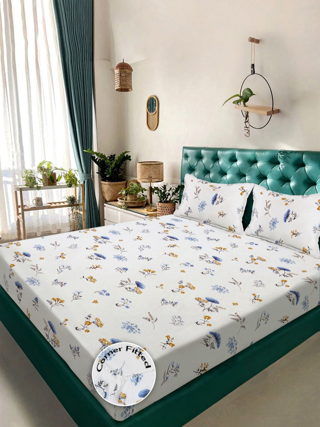 KLOTTHE White & Blue Printed 300 TC Fitted King Bedsheet 2.5 x 2.25 m
