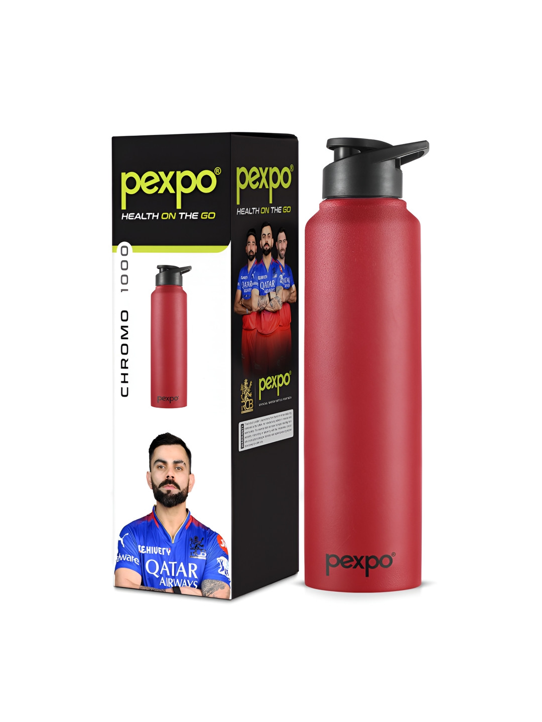 Pexpo Chromo Red Solid Stainless Steel Single Wall Vacuum Water Bottle - 950ml
