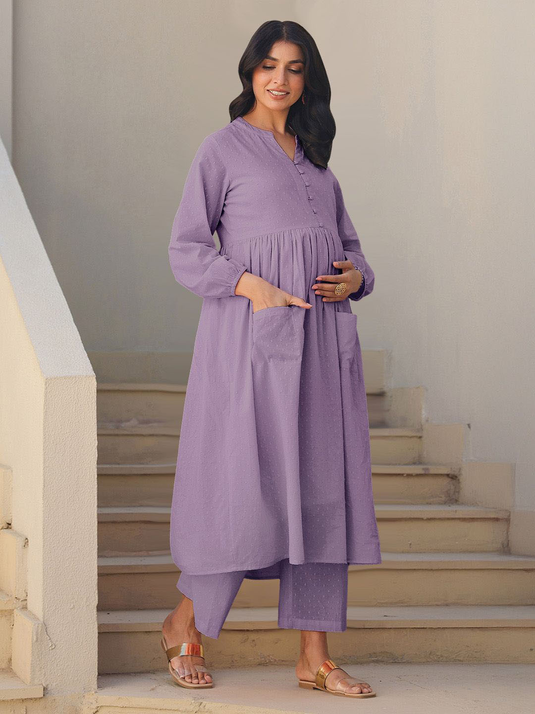 Janasya Women Lavender Dobby Pure Cotton Self Design A-line Maternity Kurta Pant Set