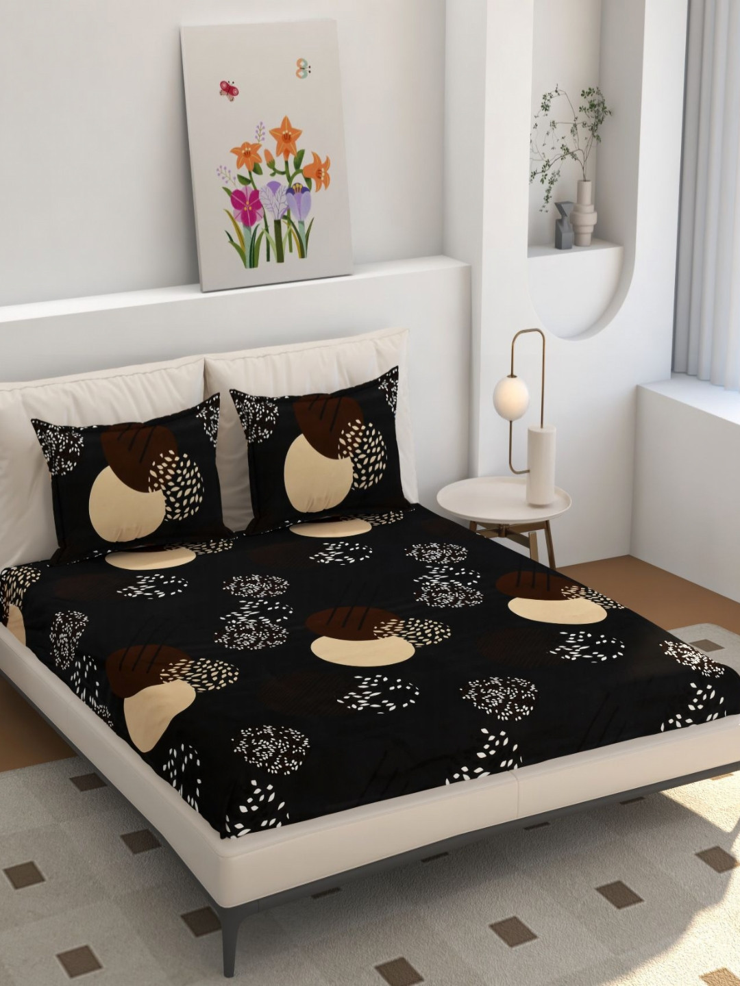 REALDREAM Black Graphic Cotton Anti-Microbial 260 TC Fitted King Fine Bedsheet with 2 Pillow Covers-182.88 x 198.12 cm