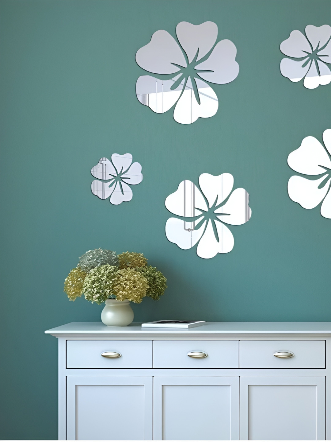 upkaranwale 5-Pcs Silver Self-Adhesive Flower Wall Sticker