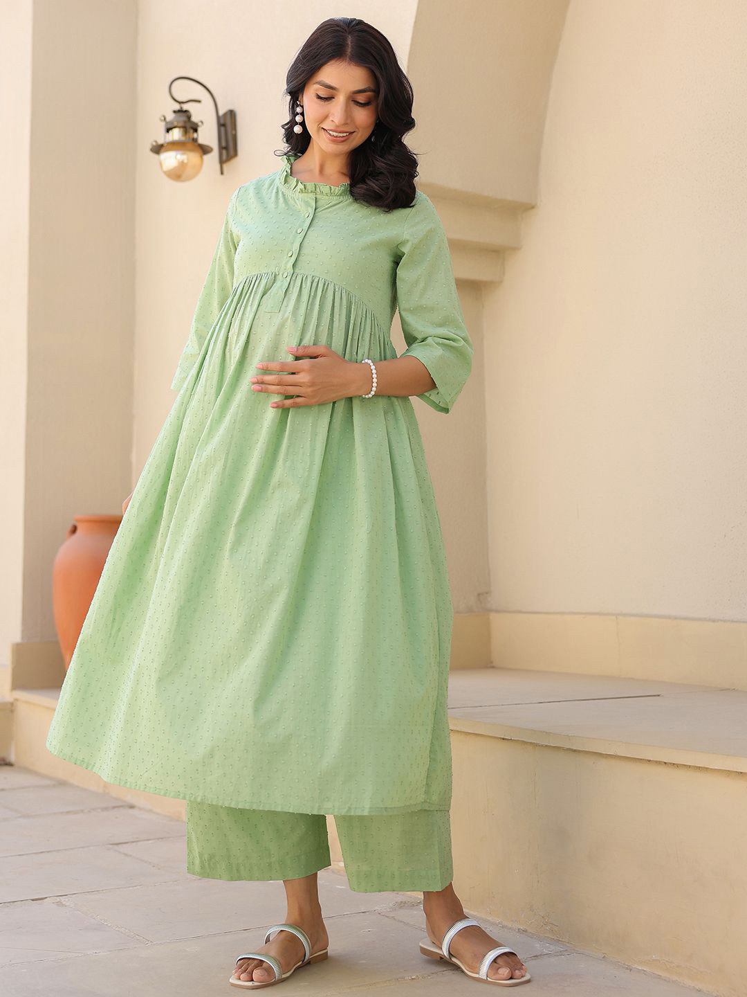 Janasya Women Green Dobby Pure Cotton Self Design A-line Maternity Kurta Pant Set