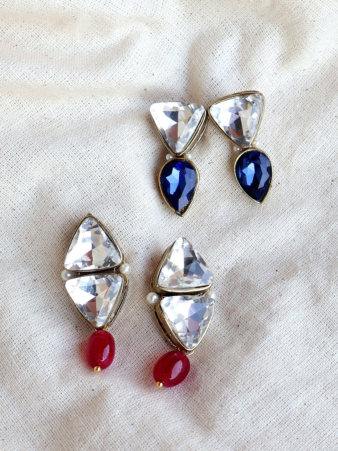 BeAbhika Set Of 2 Glass Triangular Crystal Studs Earrings