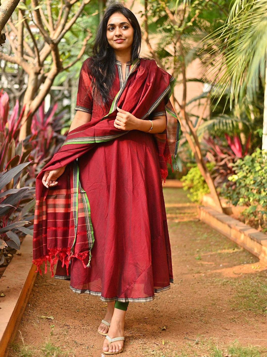 KALINI Mandrain Collar Short Sleeves Anarkali Kurta With Dupatta