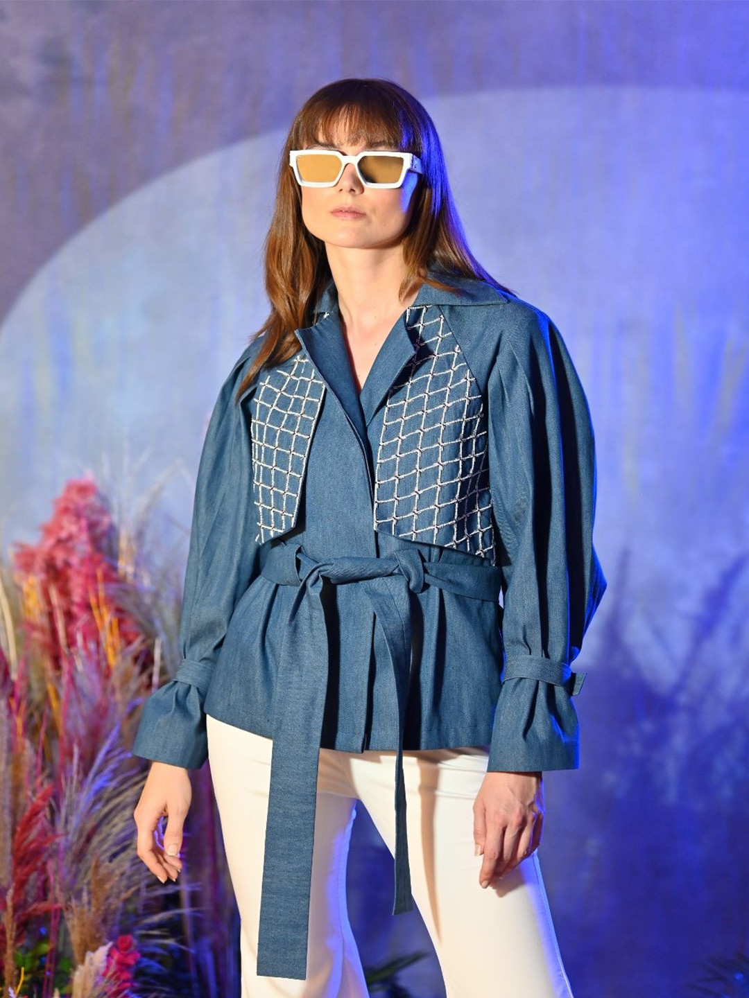 OMBRELLO Women Embroidered Shawl Collar Denim Jacket