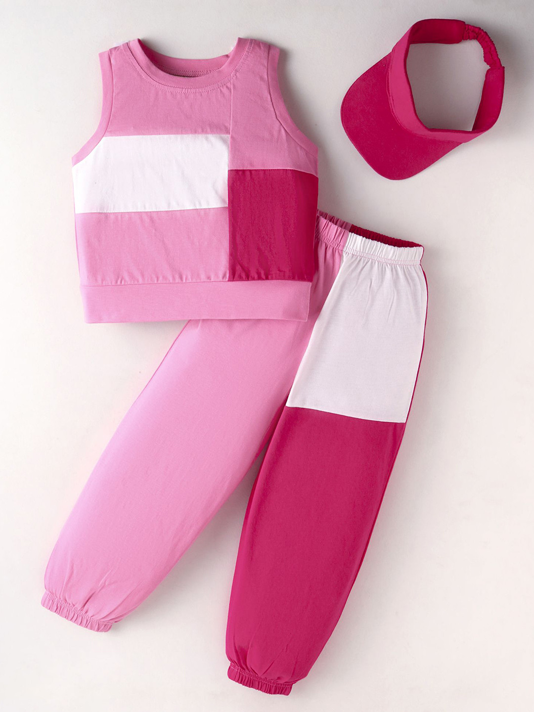 Tiara Sleeveless Cotton Jersey Colour Blocked Tee With Coordinating Joggers & Cap