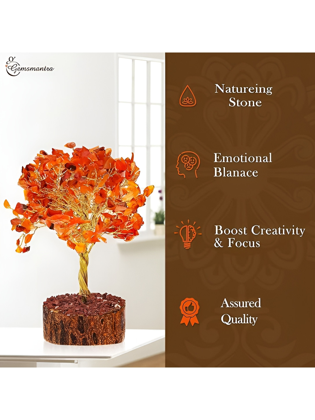 Gemsmantra Carnelian Gold Crystal Tree 300 Beads For Creativity, Vitality Gold Crystal Glossy Living Room Medium Showpiece - 9.1 Inches