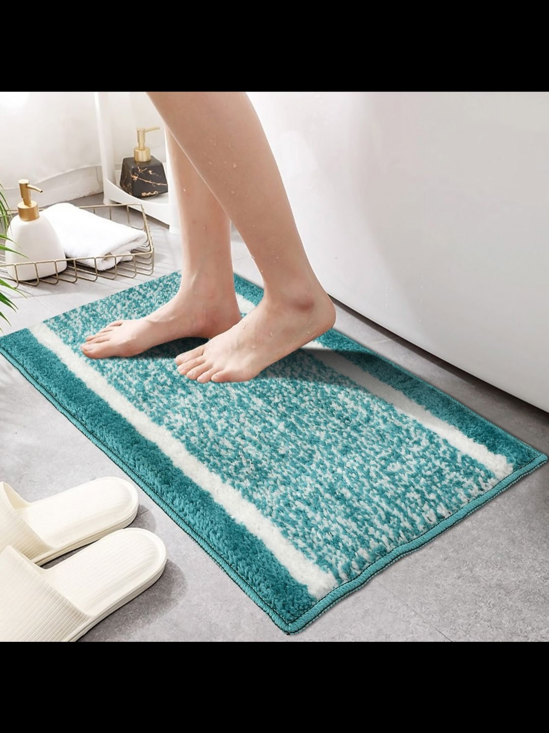 GBL COLLECTION Sea Green & White Textured Anti-Skid Bath Rug