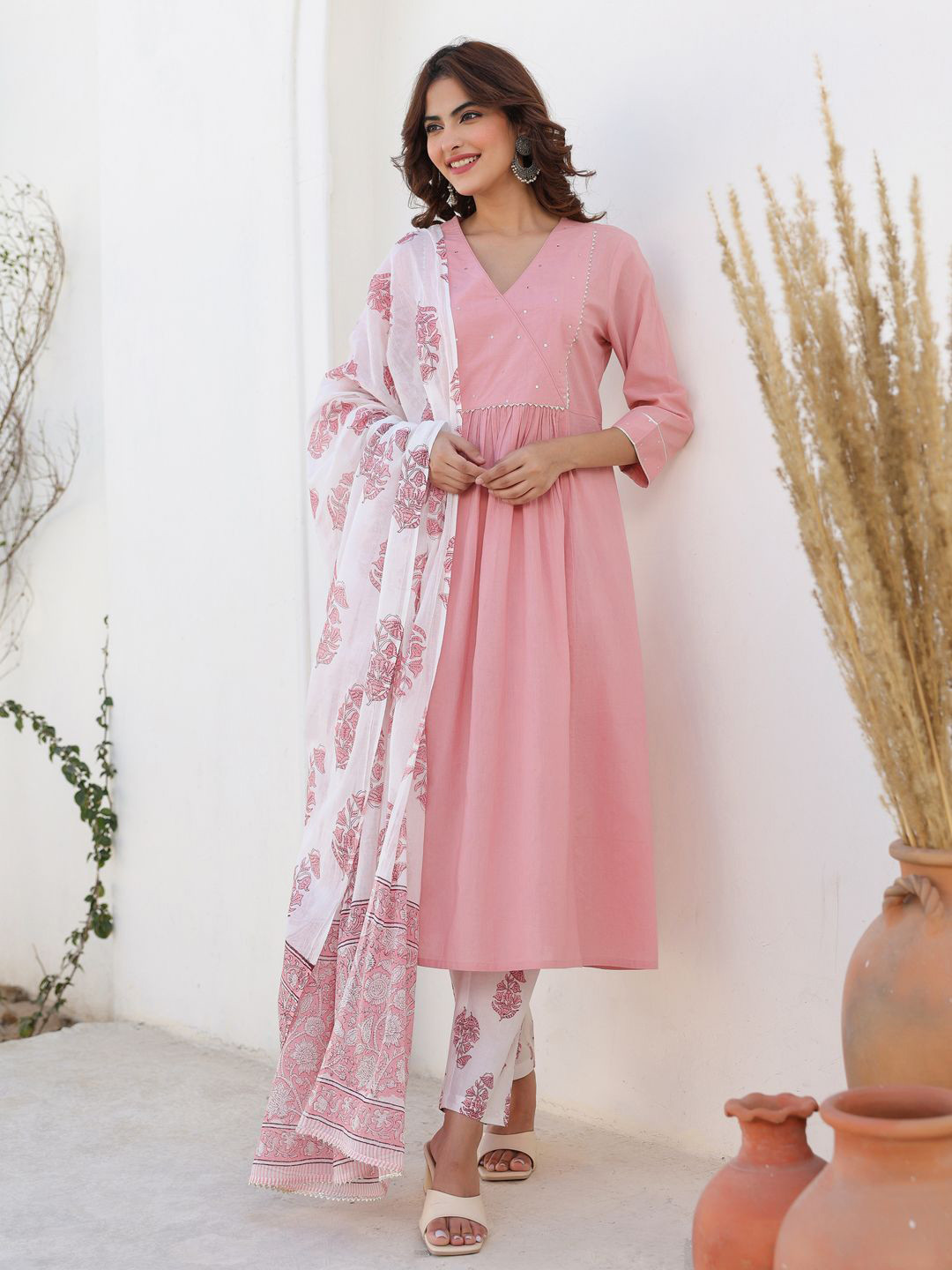 Janasya Women Light Pink Pure Cotton Floral Printed A-line Kurta Set