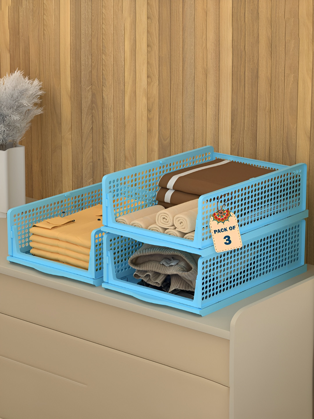 Aura Blue 3 Pcs Foldable Kids Wardrobe Organisers for Clothes Storage Dress Organiser