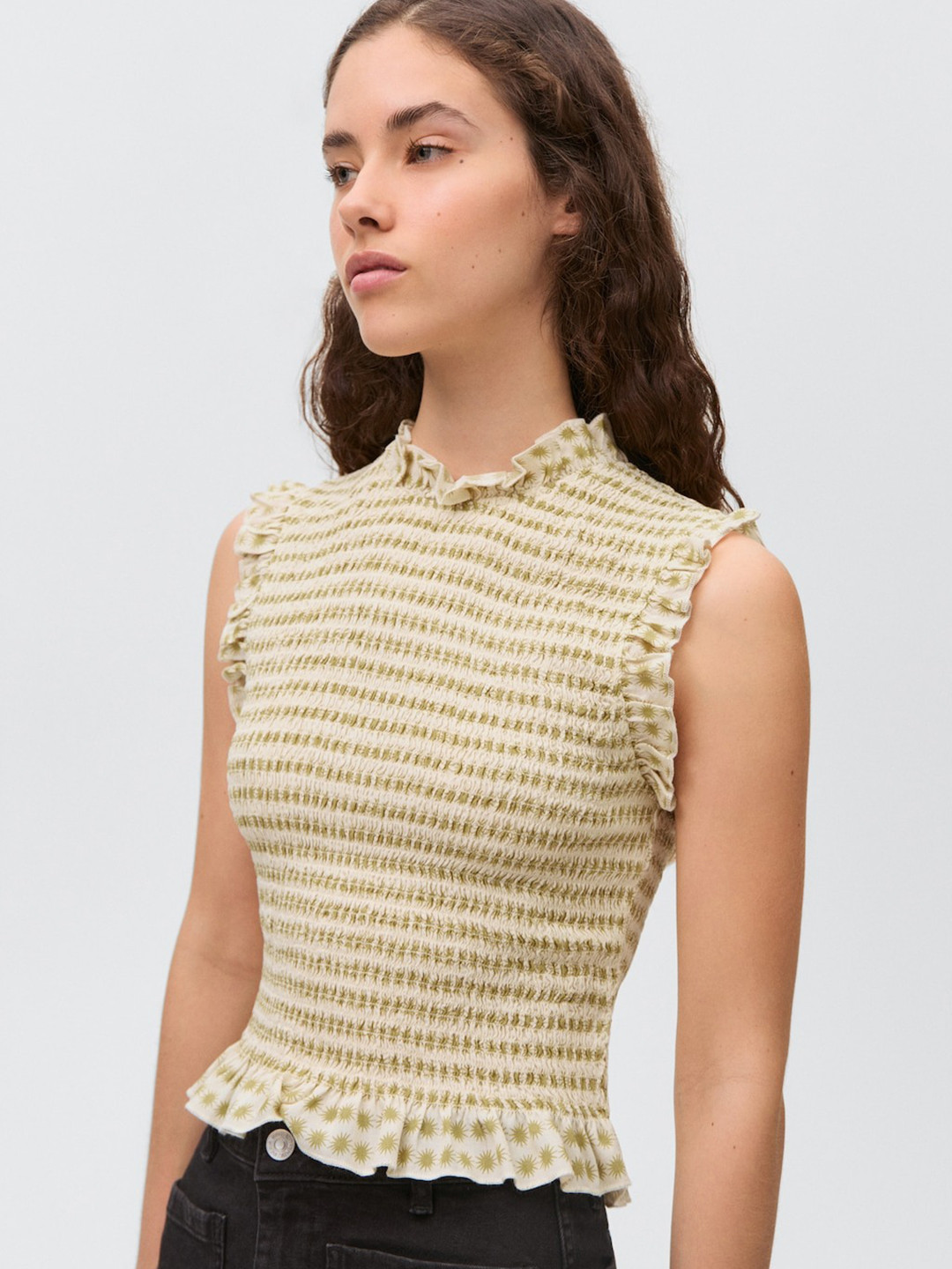 MANGO Smocked Striped Ruffles Top