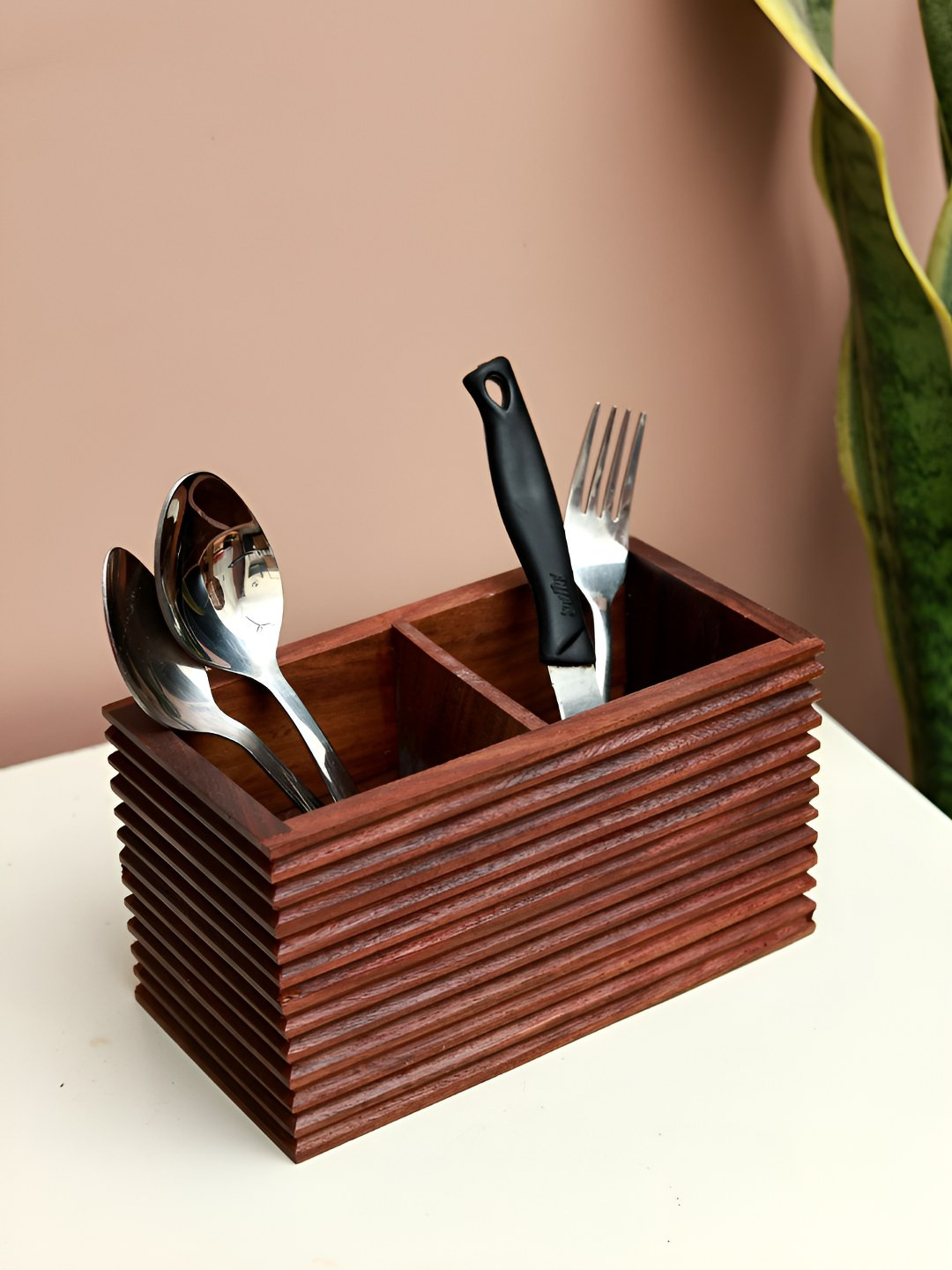 Unravel India Brown Wood Cutlery Holder