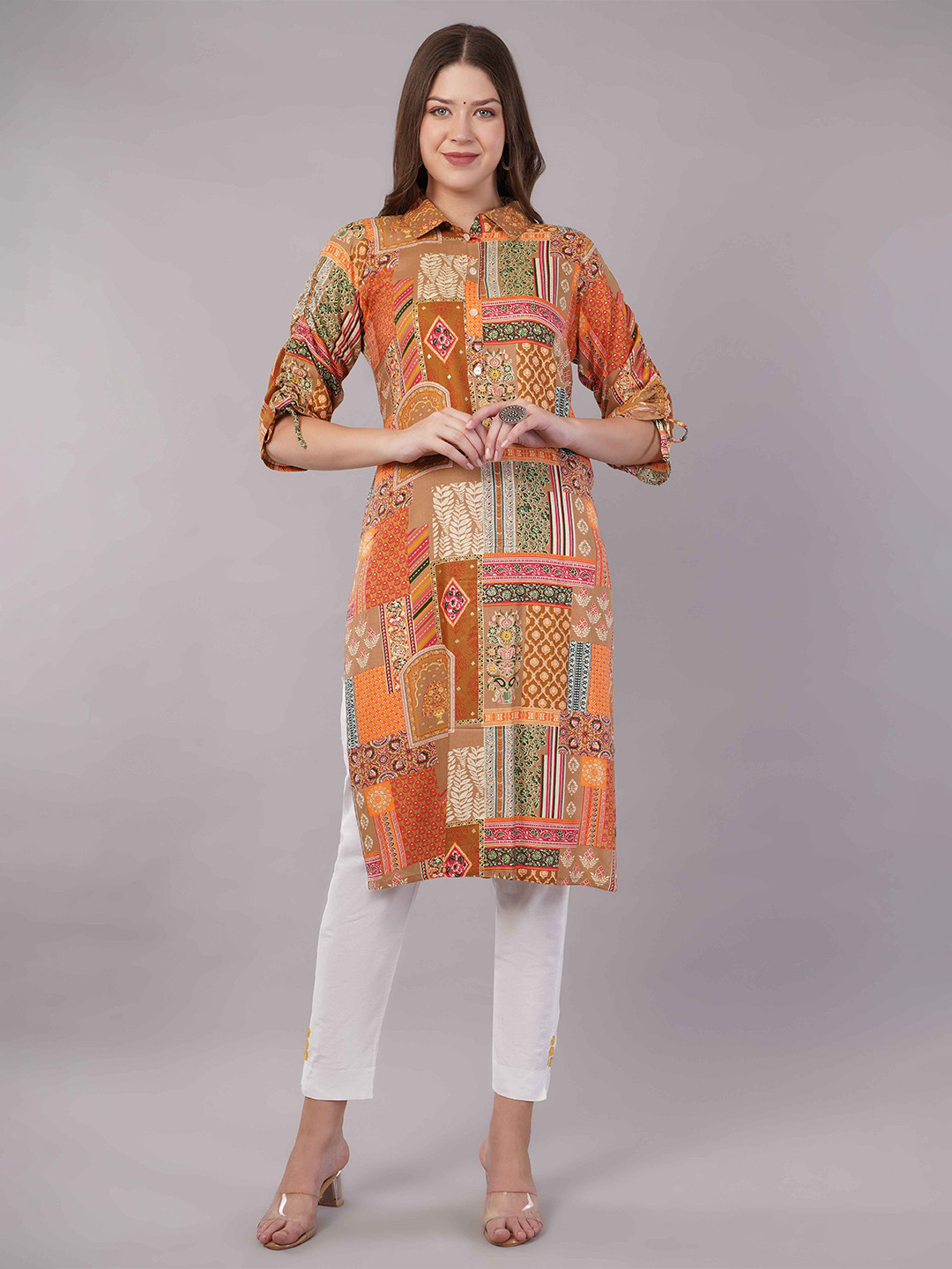 JIDI FASHION Geometric Printed Shirt Collar Straight Kurta