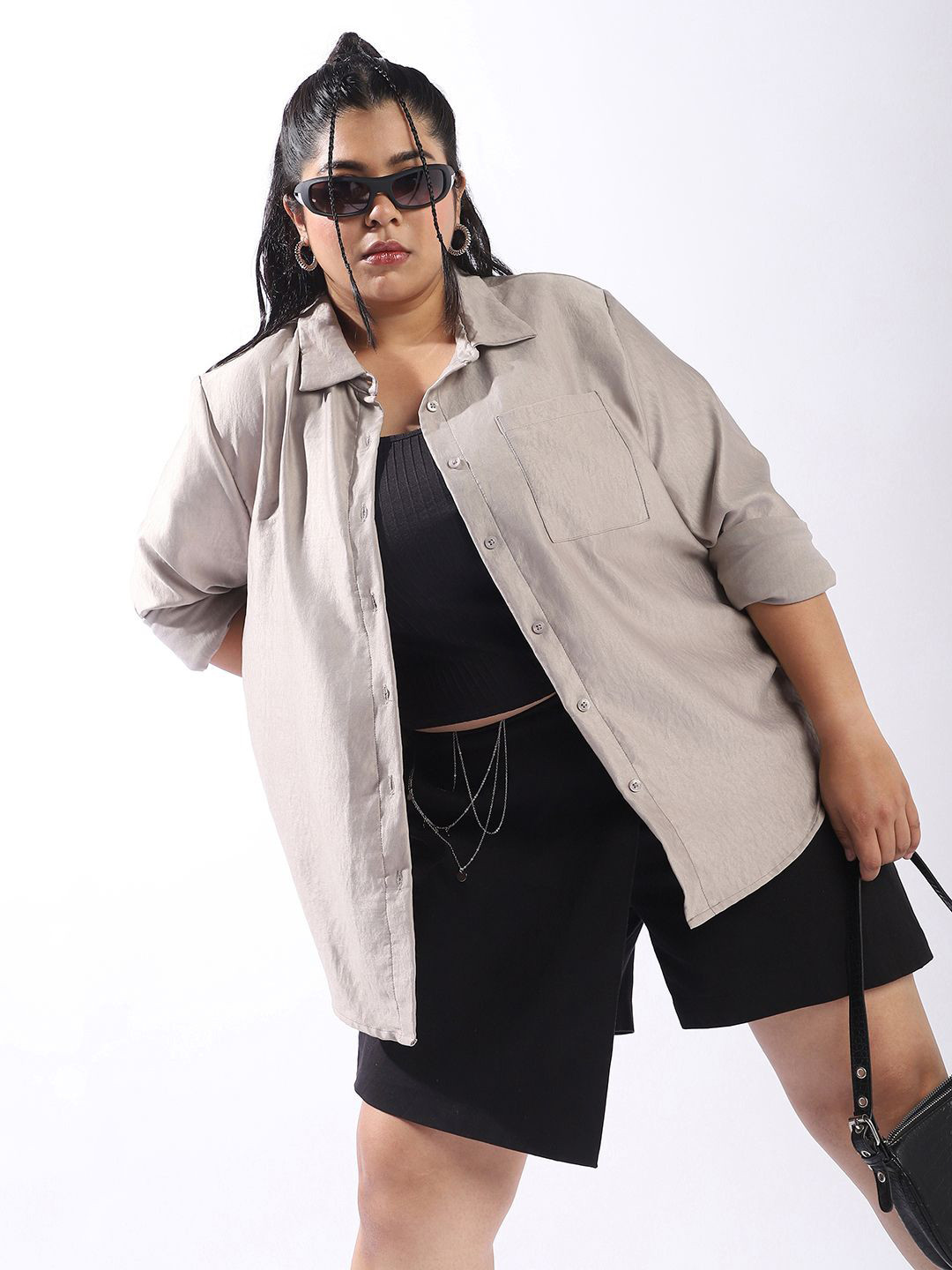 Freeform by High Star Women Comfort Boxy Textured Satin Casual Shirt