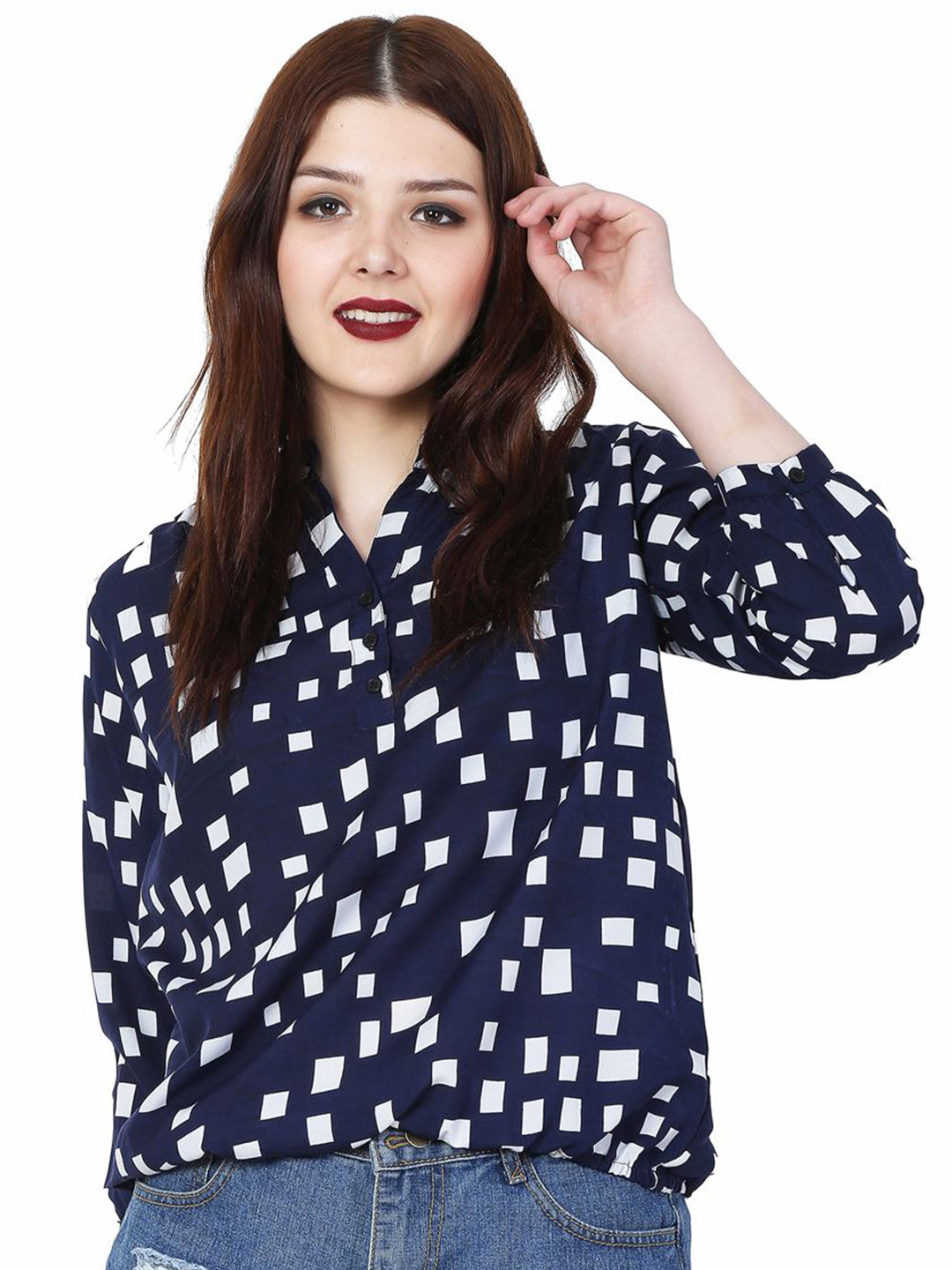 MALLORY WINSTON Mandarin Collar Crepe Top