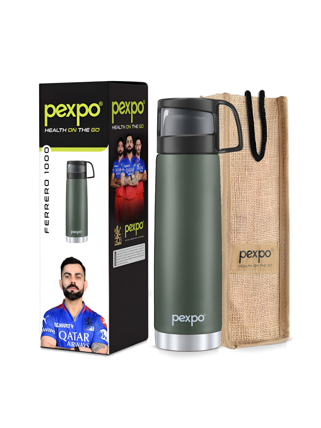 Pexpo Fererro Green Stainless Steel Spill Proof Flask - 1L