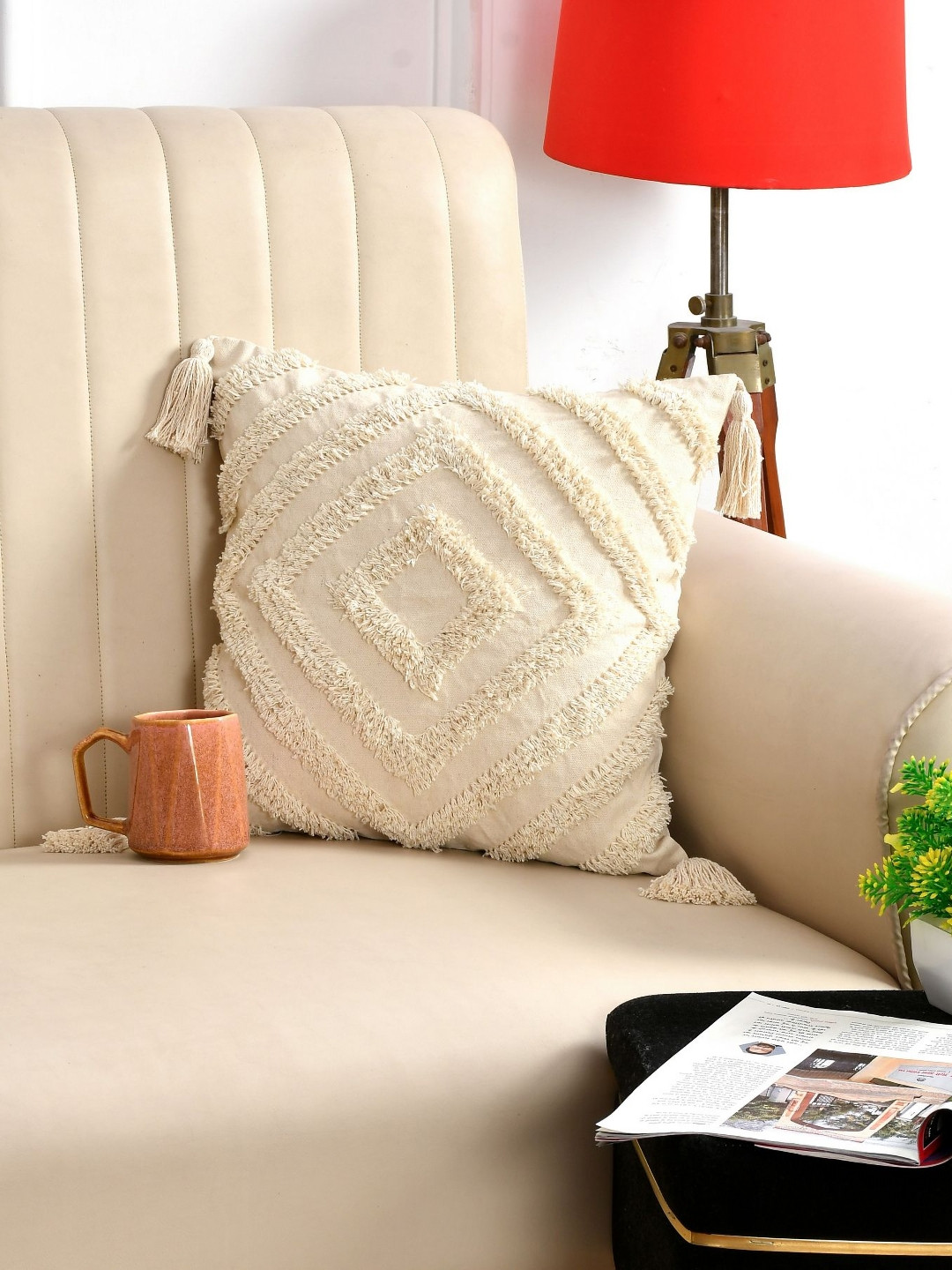 Dolce Casa Beige Geometric Cotton Lightweight Textured Cushion Covers -16x16 Inches